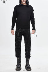 Sweat à capuche punk pour homme avec manches asymétriques noires et lacets en cuir